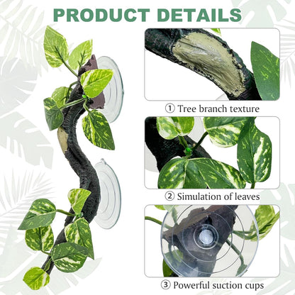 Fhiny Snake Climbing Branch, 2 PCS Resin Reptile Branches for Climbing with Suction Cups Frog Terrarium Plants Reptile Tank Decor Accessories for Frog Corn Snake Lizard Bearded Dragon Gecko