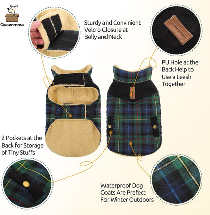Queenmore Dog Winter Coat Warm Dog Jacket for Cold Weather, Quilting Puffer Plaid Coats for Small/Medium Dogs Waterproof,Girl/Boy Pet Christmas Coat,Pet Snowsuit with Leash Hole/Fleece Padding, L
