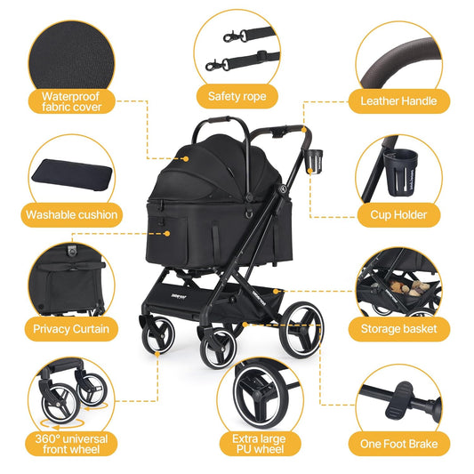 X3 2 in 1 Pet Stroller for Medium or Two Small Dogs & Cats 4 Wheels Lightweight Foldable Carrier Dog Stroller with Waterproof Weather Cover Cup Holder,Storage Basket(Black) - Pawvie