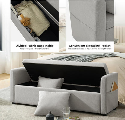 HULALA HOME Modern Storage Ottoman Bench with Throw Pillows, 59" Extra Long End of Bed Bench with Storage Pocket, Comfy Upholstered Footstool for Bedroom Entryway Living Room, Grey