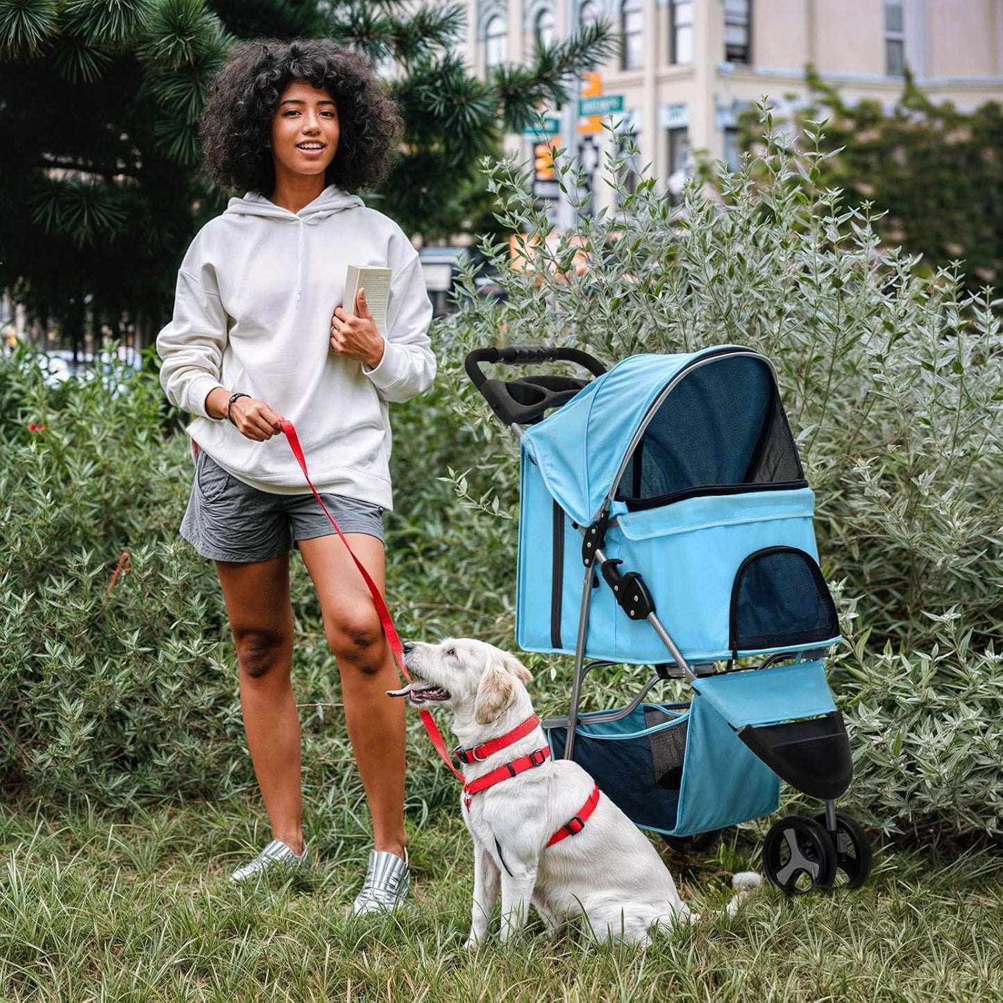 MoNiBloom 3 Wheels Pet Dog Cat Stroller for Small Medium Dogs Cats, Lightweight Foldable Jogger Stroller w/Storage Basket and Cup Holder, Mint Green - Pawvie