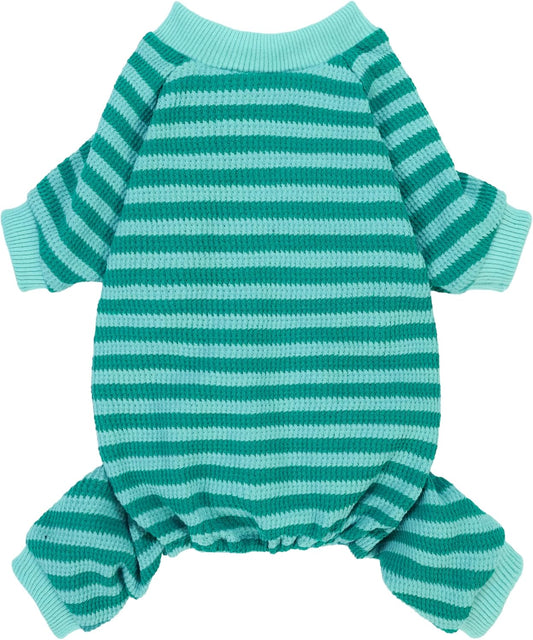 Fitwarm Green and Teal Striped Dog Pajamas, Waffle Dog Clothes for Small Dogs Girl Boy, Puppy Onesie with Feet, Pet Cat Outfit, XXL