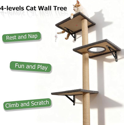 Cat Tree Wall Mounted,Tall Scratching Post for Indoor Cats Climbing Tower Activity Wood Cat Wall Furniture (Grey)