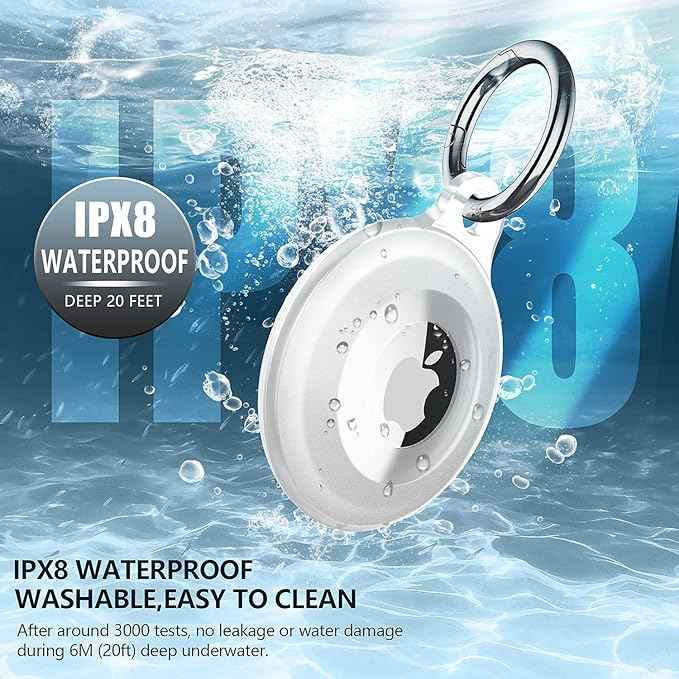 4 Pack IPX8 Waterproof Compatible with AirTag Keychain Holder Case, Lightweight, Anti-Scratch, Easy Installation,Soft Full-Body Shockproof for Luggage,Keys, Dog Collar (Black+Clear+Black+Pink)