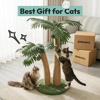 Cat Scratching Post 33 Inch Double Post Support with Hanging Balls, Cat Scratcher for Indoor Kittens, Extra Stable Base, Paw-Friendly Jute Material M