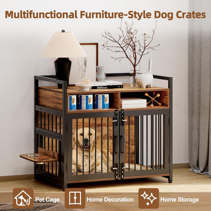 Furniture Style Dog Crate with Storage, 41 Inch Dog Crate Furniture with Double Doors, 2 Stainless Steel Bowls, Dog Crate Furniture-Style Crate for Large/Medium Dog