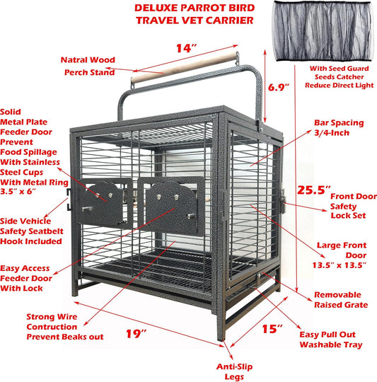 Portable Durable Heavy Duty Travel Veterinary Bird Parrot Carrier Cage Feeding Bowl Play Wooden Stand Perch with Handle Prevent Beaks Out
