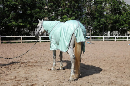 Horse Fly Sheet with Detachable Neck Cover & Belly Wrap, Adjustable Fly Sheet for Horses, Ventilated Airflow Mesh Equine Cooling Summer Flysheet Green 69