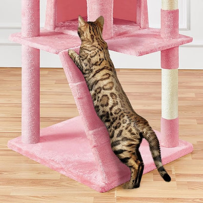 Yaheetech XL Cat Tree, 80in Multi-Level Cat Tower w/Scratching Posts, Double Condo, Perched Platforms and Dangling Balls, Pet Activity Center for Kittens, Pink