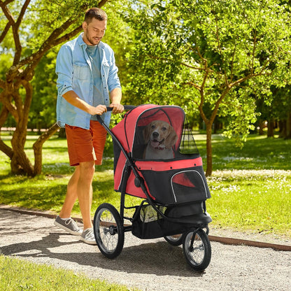 PawHut 3 Wheels Pet Stroller for Small and Medium Dogs, Foldable Cat Stroller Jogger with Adjustable Canopy, Safety Tether, Cushion, Storage Basket, Red