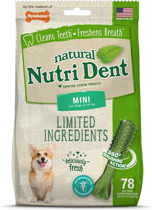 Nylabone Nutri Dent Dog Dental Chews, Natural Teeth Cleaning Treats & Breath Freshener for Dogs, Fresh Mint Flavor, Mini (78 Count)