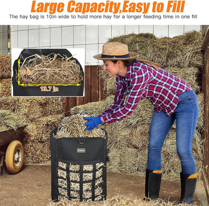 Hay Bags for Horses,Two-Sided Premium Oxford Slow Feed Hay Bags for Goats,Sheep,Donkey,Large Top Opening with Hook-and-Loop Seals,Easy to Hang with Adjustable Strap (Black, Large 2 Packs)