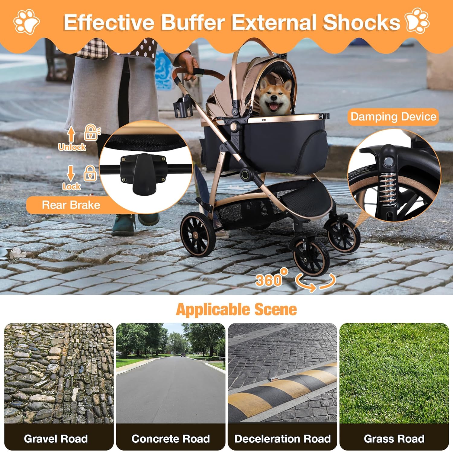 Dog Stroller for Small Medium Dogs, 3 in 1 Folding Pet Stroller Up to 33 lbs, 4 Wheels Pet Strolling Cart with Zipperless Entry, Cat Dog Travel Carrier with Cup Holder & Storage Basket - Pawvie