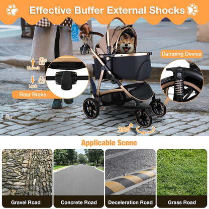 Dog Stroller for Small Medium Dogs, 3 in 1 Folding Pet Stroller Up to 33 lbs, 4 Wheels Pet Strolling Cart with Zipperless Entry, Cat Dog Travel Carrier with Cup Holder & Storage Basket - Pawvie