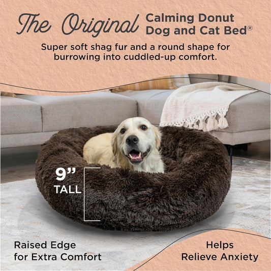 Best Friends by Sheri Original Calming Donut Dog and Cat Bed, Shag Faux Fur, Dark Brown, (36in x 36in) - Anxiety Relief for Pets Up to 100 lbs