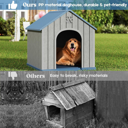 Large Outdoor Plastic Dog House - Indoor Outdoor Use for Medium & Large Dogs, Durable Waterproof Doghouse with Air Vents, Elevated Floor, Easy to Clean & Assemble(Blue2, 36.2''L×38''W×38''H)