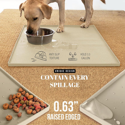 AVERYDAY 32x24'' Silicone Dog Mat for Food and Water, 0.63'' Edge Dog Food Bowl Mats for Floor Waterproof, Dogs Water Mat for Sloppy Drinker, Non Slip Rubber Pet Feeding Mats for Indoor Dogs and Cats
