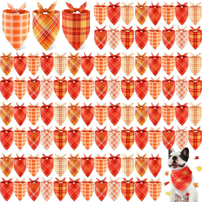 100 Pieces Fall Dog Bandanas Bulk Plaid Bandanas for Dogs Autumn Thanksgiving Soft Doggie Bibs Adjustable Triangle Scarves for Small Medium Large Pet Fall Autumn Costume