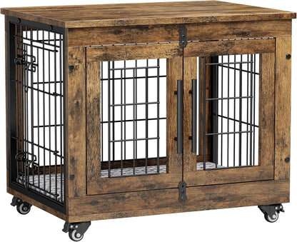 Lulive Small Dog Crate Furniture Set of 2, Dog Kennel Indoor Double Doors Wooden Dog Cage, 27' Heavy Duty Dog Crate with Cushion & Wheels, End Table Pet House Chew-Resistant Up to 30 lb, Rustic Brown