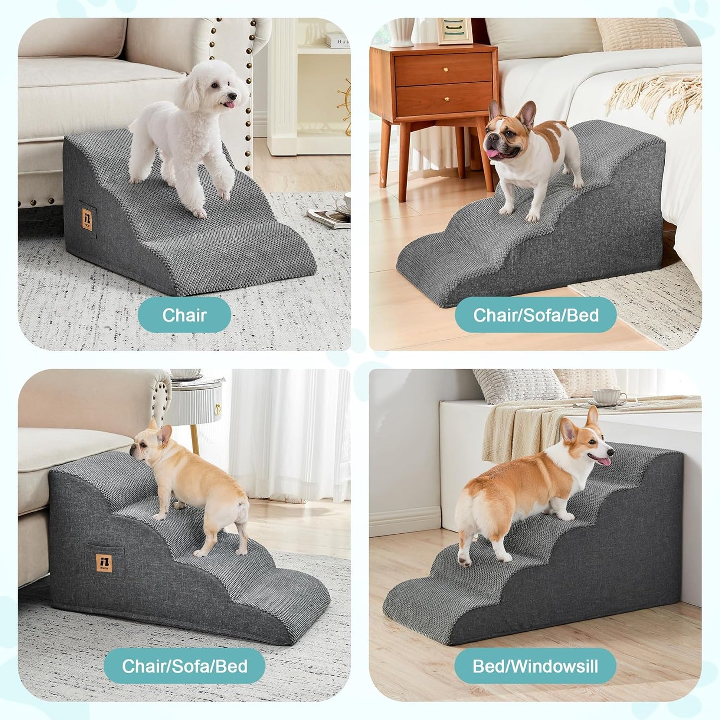 IFNOW Dog Stairs for Small Dogs and Cats 11.8" H, 3-Step Sturdy Dog Steps for Couch, Sofa or Chair, High-Density Foam Pet Stairs for Puppy, Older Cats, Non-Slip Curved Pet Ramp Indoor, Grey