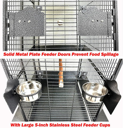 Large Elegant and Durable Wrought Iron Play Ground Perch Stand Top Climbing Ladder Bird Parrot Rolling Metal Cage with Around Seed Guard Storage Shelf On Heavy Duty Lockable Rolling Wheels