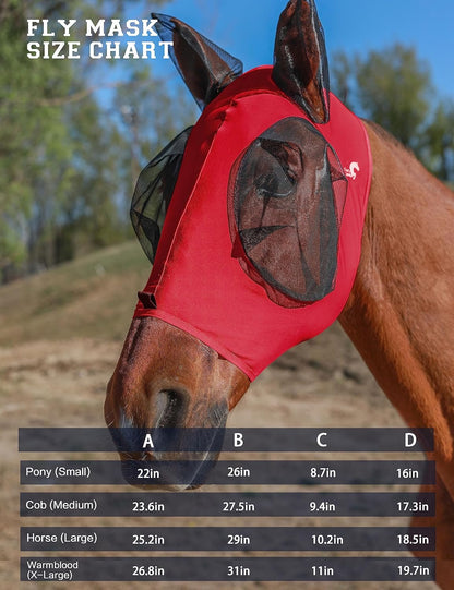 Horse Fly Mask with Ears, UV Protection Mask for Horses, Elasticity Mask with Big Mesh Eye Covers, Snug Fitting Comfortable Breathable Lightweight Rose Red Cob