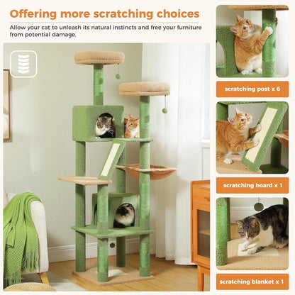 PAWZ Road 70 Inch Cat Tower, Cactus Cat Tree with 2 Cozy Condos, 2 Plush Perch, Large Basket, 2 Scraching Pad & 6 Scraching Posts for Indoor Cats Large Adult