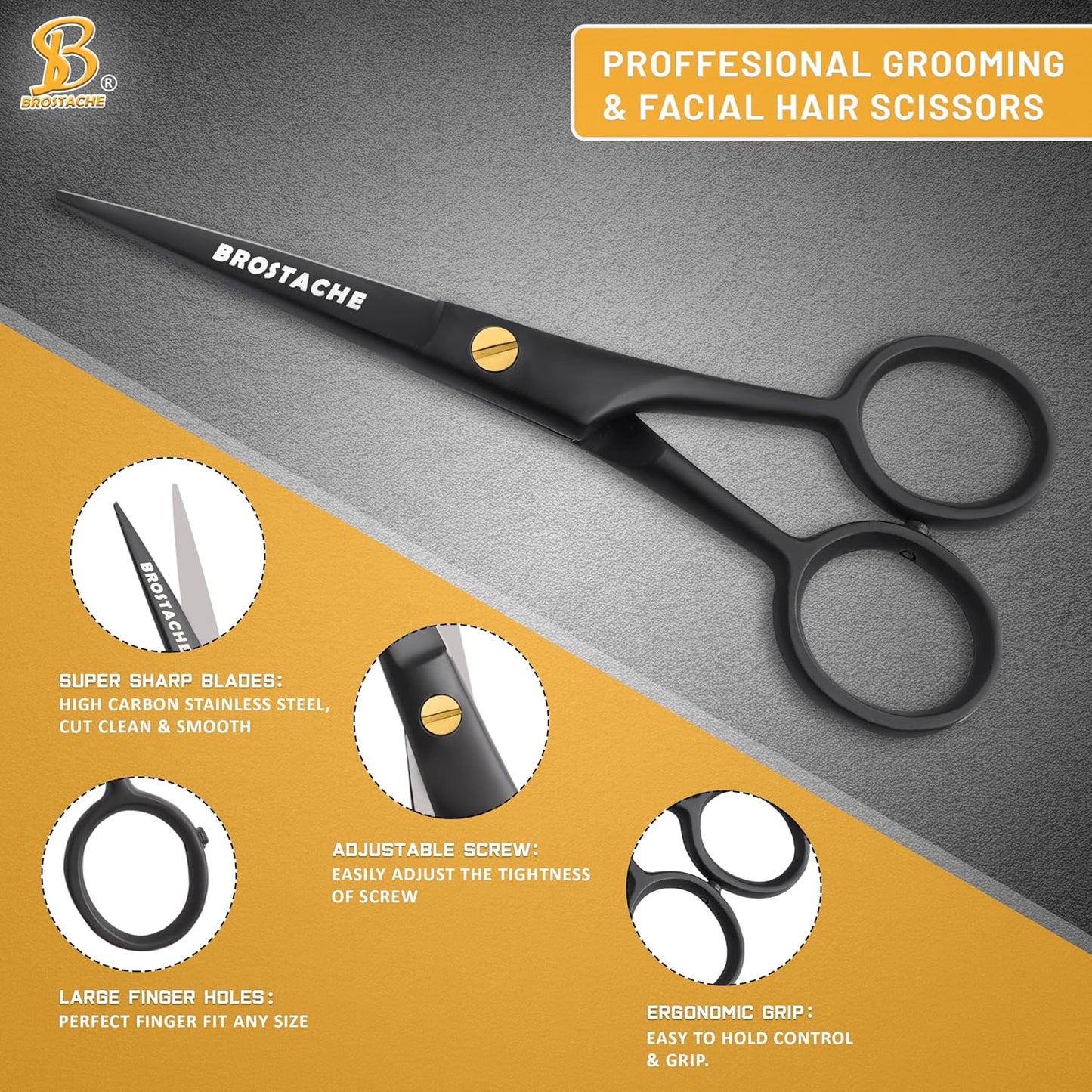 5” Professional Beard and Mustache Scissors, German Steel Beard Scissors Come with Mustache Comb, Beard Comb and Carrying Pouch. Grooming Scissor for All Facial Hair Scissors (Black).