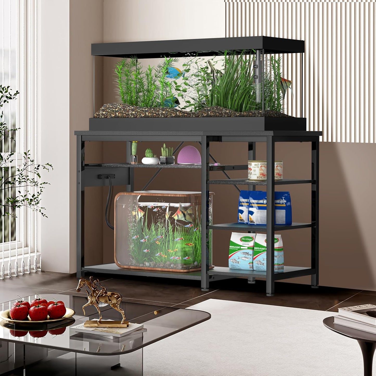 30-40 Gallon Aquarium Stand: Heavy Duty With Power Outlets and Cabinet for Tank Accessories Storage - Metal Frame, 1000LBS Capacity, Suitable for Fish & Reptile Terrariums