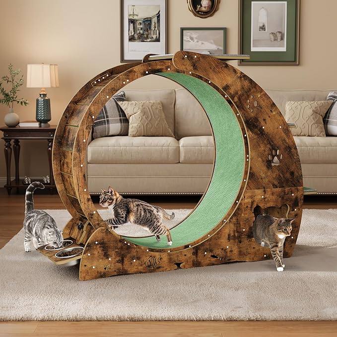 Cat Running Wheel for Indoor Cats, Large 6-in-1 Cat Treadmill with Bowls, Scratch Post & Resting House, Quiet Cats Wheel Exerciser for Kitty Fitness Brown