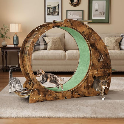 Cat Running Wheel for Indoor Cats, Large 6-in-1 Cat Treadmill with Bowls, Scratch Post & Resting House, Quiet Cats Wheel Exerciser for Kitty Fitness Brown