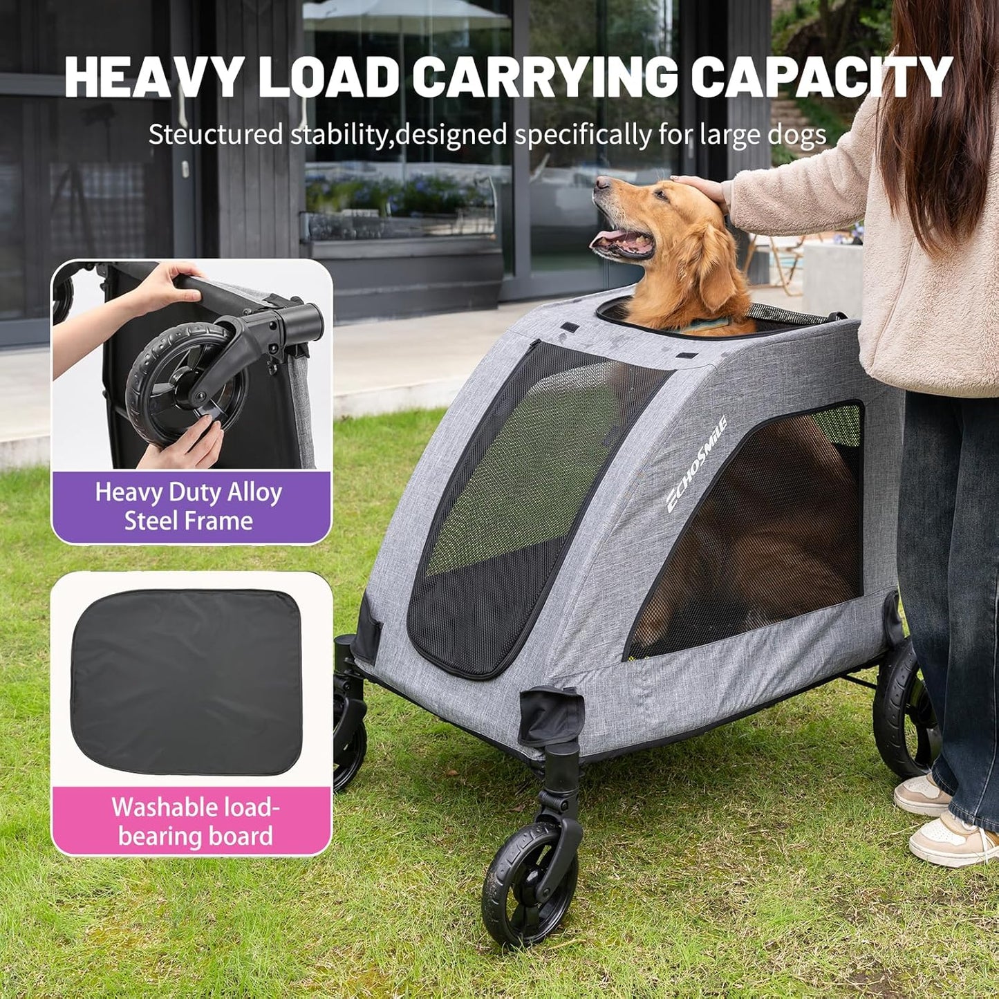 EchoSmile XL Extra Large Dog Stroller - Adjustable Handles,Lightweight Folding Pet Stroller,All-Terrain 4 Wheel for 2 Medium Dogs,Dual Entry Safety Dog Stroller,Capacity 160 lbs,Gray - Pawvie