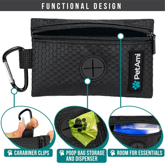 PetAmi Dog Poop Bag Holder for Leash, Dog Waste Bag Dispenser with Clip, Treat Pouch, Walking & Camping Accessories with Trash Bag Roll, Gray/Black 2 Pack