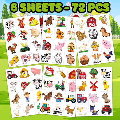 72 PCS Farm Barnyard Animal Pre-Cut Temporary Tattoos Sticker Birthday Decorations Party Supplies Favors Gift Boy Girl Farmhouse Cow Chicken Tattoo School Reward Themed (Normal)