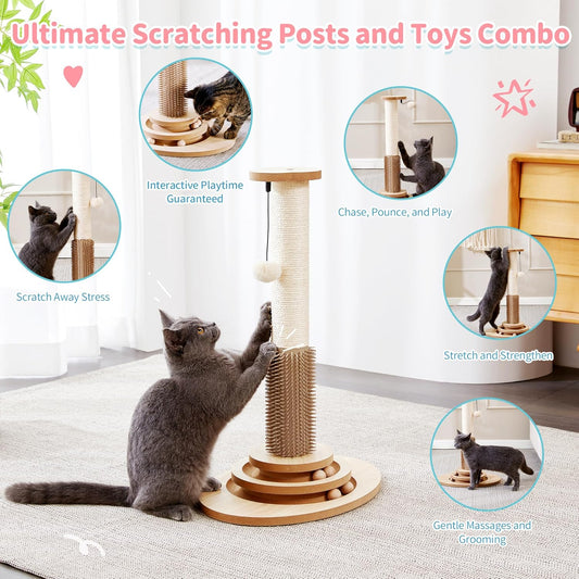 Made4Pets Cat Scratching Post, 23" Tall Sisal Cat Scratcher Post with Self Groomer, 4-in-1 Interactive Trackball Toys with Hair Brush, Vertical Cat Climbing Tree with Dangling Plush Balls