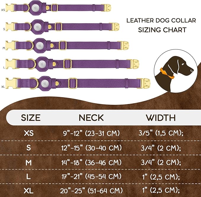 Leather Airtag Dog Collar - Soft Tracking Dog Collar with Apple AirTag Holder and Metal Buckle - Safety GPS Pet Collars for Small Medium Large Dogs Puppy Pink Red (Purple, S, 12"-15" Neck Fit)