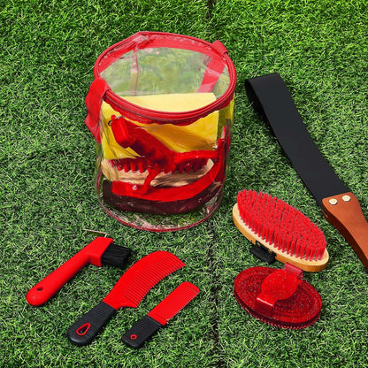 9 Pieces Horse Grooming Kit Tack Room Supplies Set with Organizer Tote Bag, Oval Massage Curry, Hard and Soft Brush, Hoof Pick, Sweat Scraper, Bathing Sponge, Combs for Horse Riders Beginners (Red)