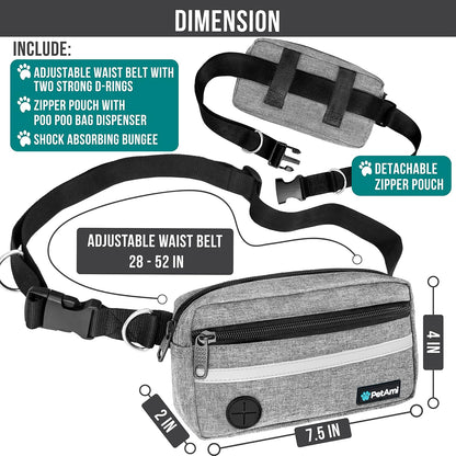 PetAmi Hands Free Dog Leash, Running Leash Belt Walking, Jogging, Waist Zipper Pouch with Poop Bag Dispenser, Dual Padded Handles, Reflective Durable Bungee Single, Heather Grey, 1 Leash