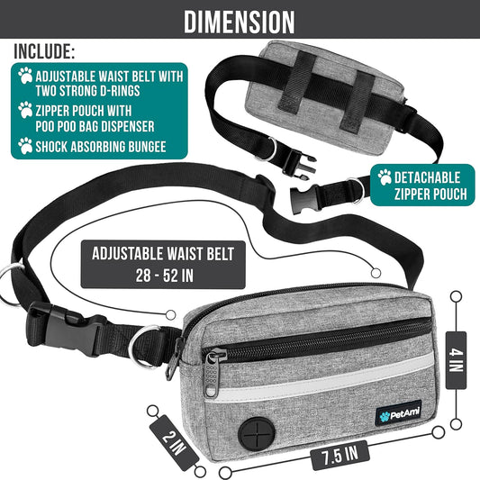 PetAmi Hands Free Dog Leash, Running Leash Belt Walking, Jogging, Waist Zipper Pouch with Poop Bag Dispenser, Dual Padded Handles, Reflective Durable Bungee Single, Heather Grey, 1 Leash