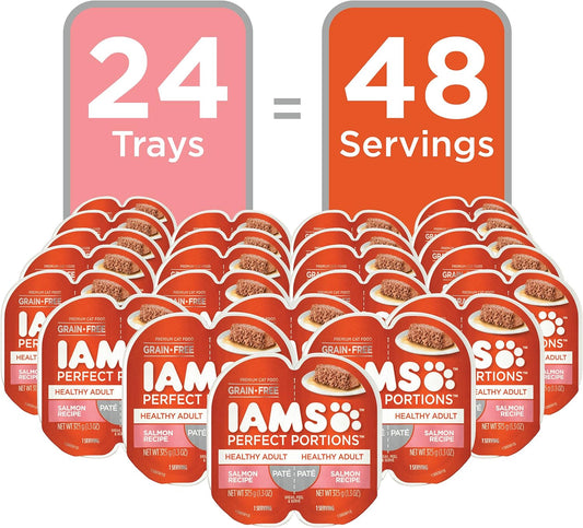 IAMS Perfect Portions Healthy Adult Grain Free Wet Cat Food Pate, Salmon Recipe, 2.6 oz. Easy Peel Twin-Pack Trays (24 Count, 48 Servings)