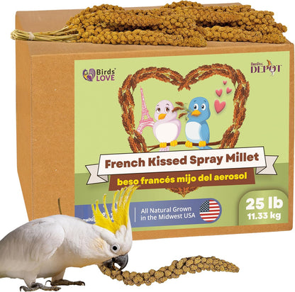 Birds LOVE French Kissed Spray Millet for Birds - Parakeets, Cockatiels, Lovebirds, Finches, Budgies, Canaries, Cockatoos - Natural & Healthy Bird Millet - Parakeet Food & Treats for all Parrots 25lbs