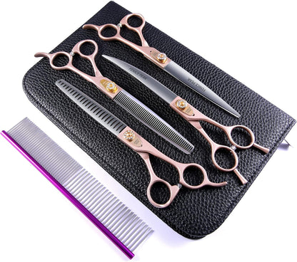 Fenice Peak 7‘’ Professional Dog Grooming Scissors Set Rose Gold 440C Stainless Steel Straight Thinning Curved Chunker Shears 4pcs Set for Pet Grooming Services Dogs and Cats