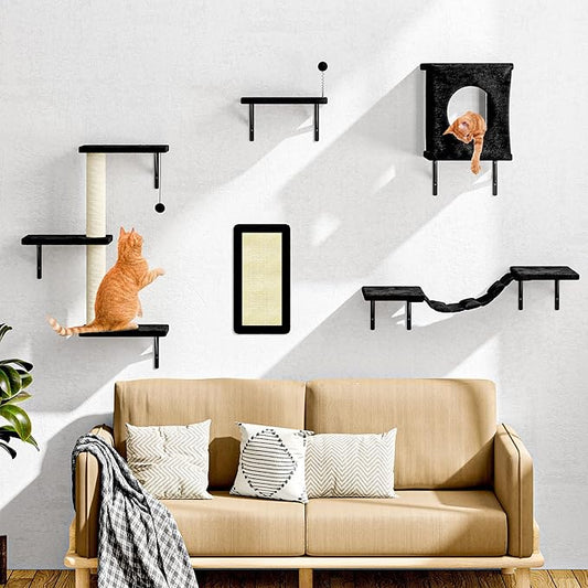 NUNU LAB Wall Mounted Cat Wall Shelves, 10-in-1 Cat Wall Climber with Kitten House, Bridge, Steps, Scratcher, Indoor Space-Saving Furniture for Kittens Play, Black