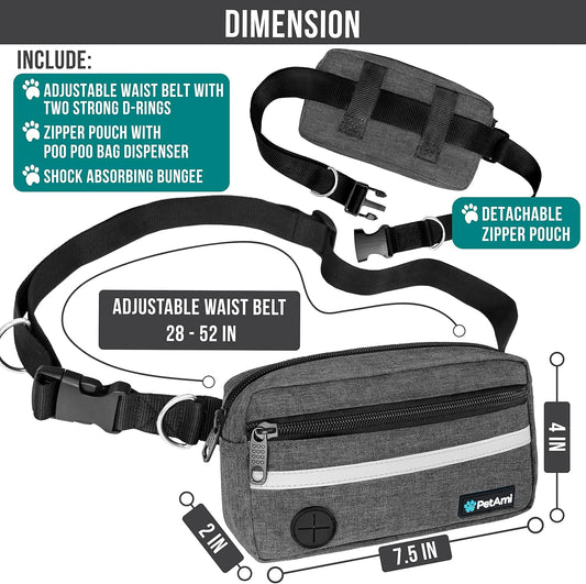 PetAmi Hands Free Dog Leash, Dog Running Leash Belt for Walking, Jogging, Dog Waist Zipper Pouch with Poop Bag Dispenser, Dual Padded Handles, Reflective Durable Bungee Leash, Single, Charcoal Grey