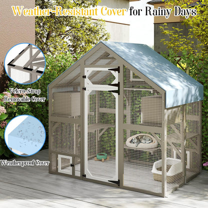 Cat Catio Outdoor Enclosure for Multiple Cats, Large Wooden Walk-in Cat House with Window Connection, 2 Condos, Platforms, Doors, and Weatherproof Roof Cover (69.5" L x 47" W x 71" H)