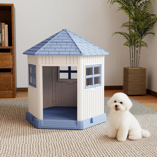 DRATO Dog House Indoor Outdoor Durable Large Dog Shelter with Outside Dog Kennel with Window and Elevated Floor for Small Medium Dogs (Blue, 34.8 * 30.51 * 36.89)