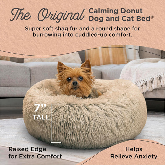 Best Friends by Sheri Original Calming Donut Dog and Cat Bed, Shag Faux Fur, Taupe, XS (18in x 18in) - Anxiety Relief for Pets Up to 10 lbs