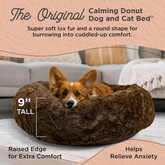 Best Friends by Sheri Original Calming Donut Dog and Cat Bed, Lux Faux Fur, Dark Brown, (30in x 30in) - Anxiety Relief for Pets Up to 45 lbs