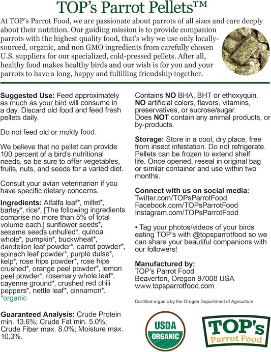 TOP's Parrot Food Bird Pellets for Small Hookbills - Non-GMO, Peanut Soy & Corn Free, USDA Organic Certified - 25 lb Bag