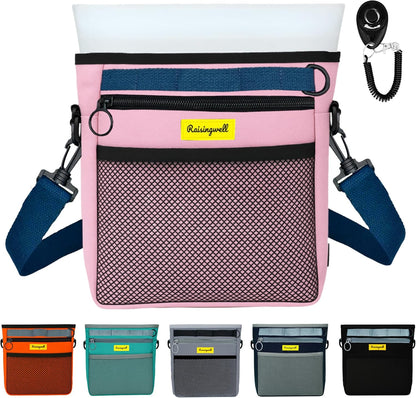Dog Treat Pouch with Magnetic Closure 4-Cup Silicone Bag Fanny Pack Holder with Clicker 4 Ways to Wear Front Pocket Fits All Phones Ideal for Leash, Pet Walking and Training（Pink）